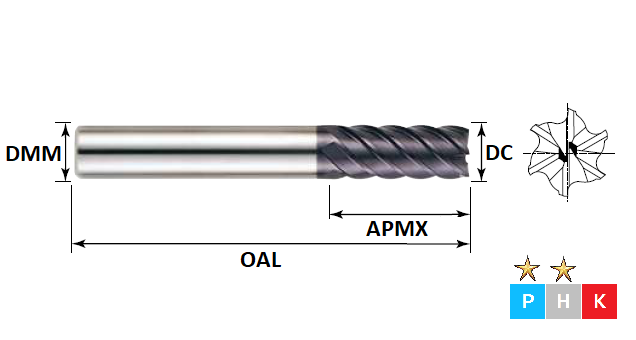 6.0mm 6 Flute 45 Degree Helix Long Series Pulsar Carbide End Mill (Flatted Shank)